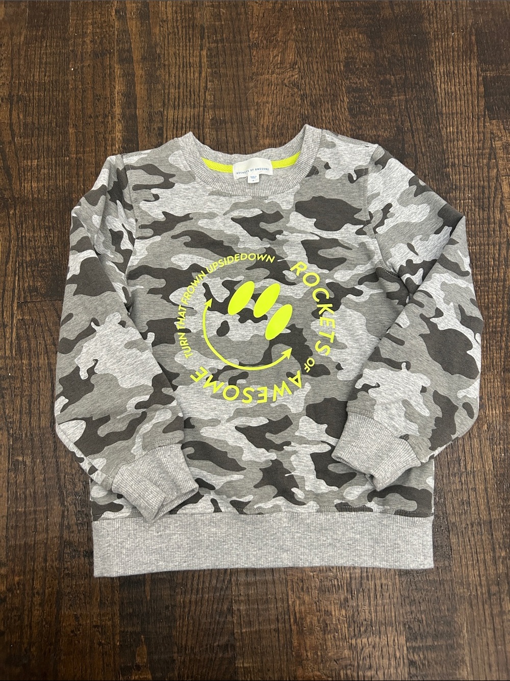 Rockets of Awesome Camo Kids Sweatshirt with Neon Yellow Graphic size 8